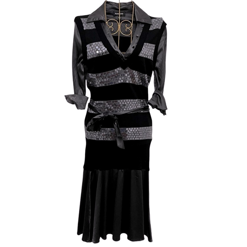 BEBE Silk Blend Sequin & Striped Mixed Media Sweater Vest Dress Size XS
